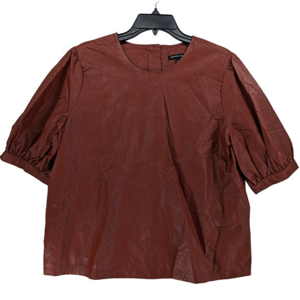 Who What Wear Faux Leather Blouse L Cognac Red‎ Shirt Button Back Balloon Sleeve